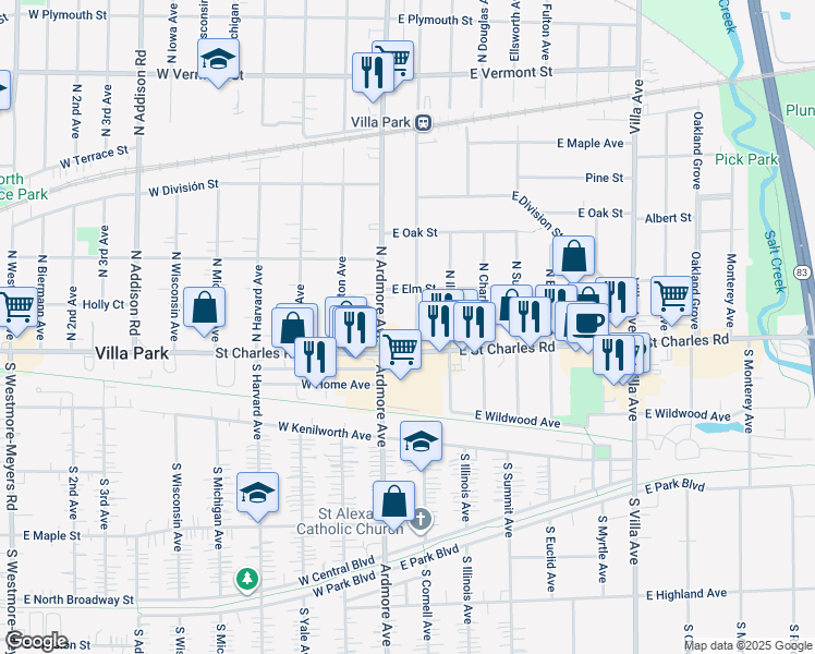 map of restaurants, bars, coffee shops, grocery stores, and more near 20 North Cornell Avenue in Villa Park
