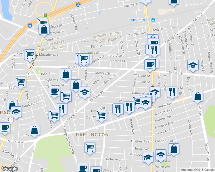 map of restaurants, bars, coffee shops, grocery stores, and more near 558 Cottage Street in Pawtucket
