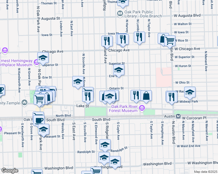 map of restaurants, bars, coffee shops, grocery stores, and more near 202 North Ridgeland Avenue in Oak Park