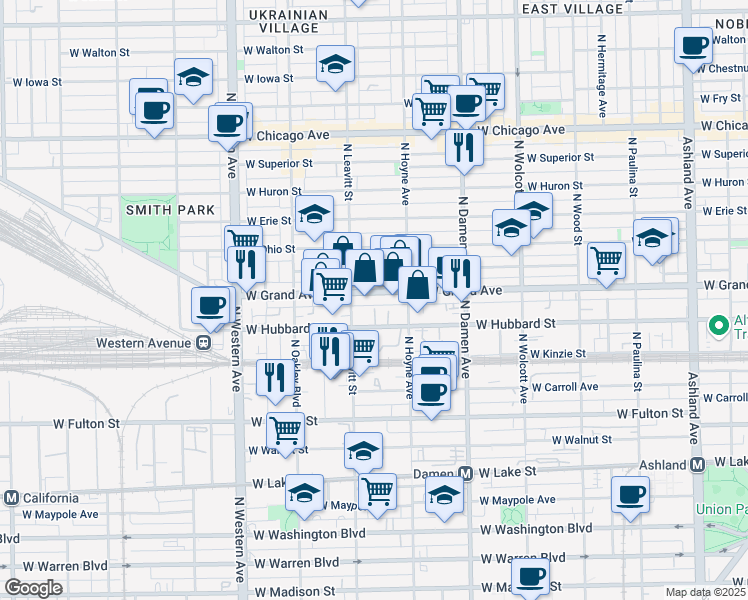 map of restaurants, bars, coffee shops, grocery stores, and more near 2145 West Grand Avenue in Chicago