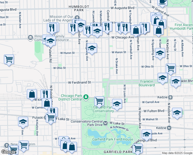 map of restaurants, bars, coffee shops, grocery stores, and more near 519 North Lawndale Avenue in Chicago