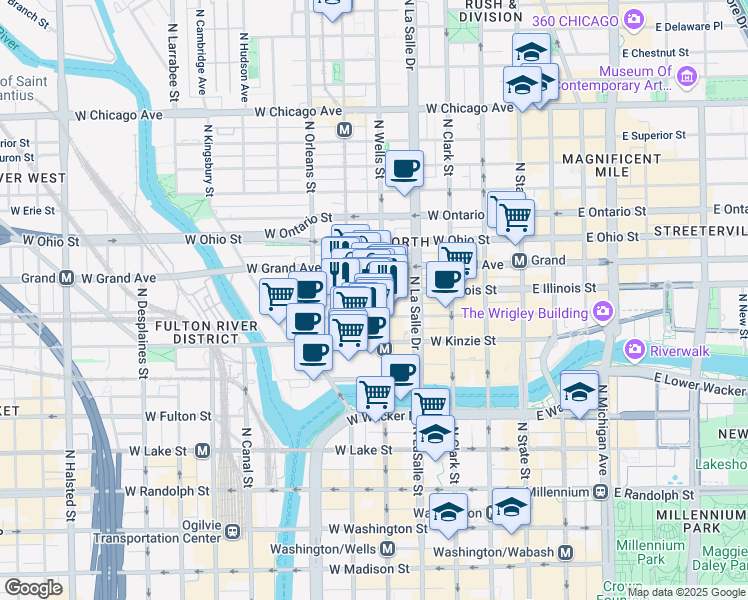map of restaurants, bars, coffee shops, grocery stores, and more near 442 North Wells Street in Chicago