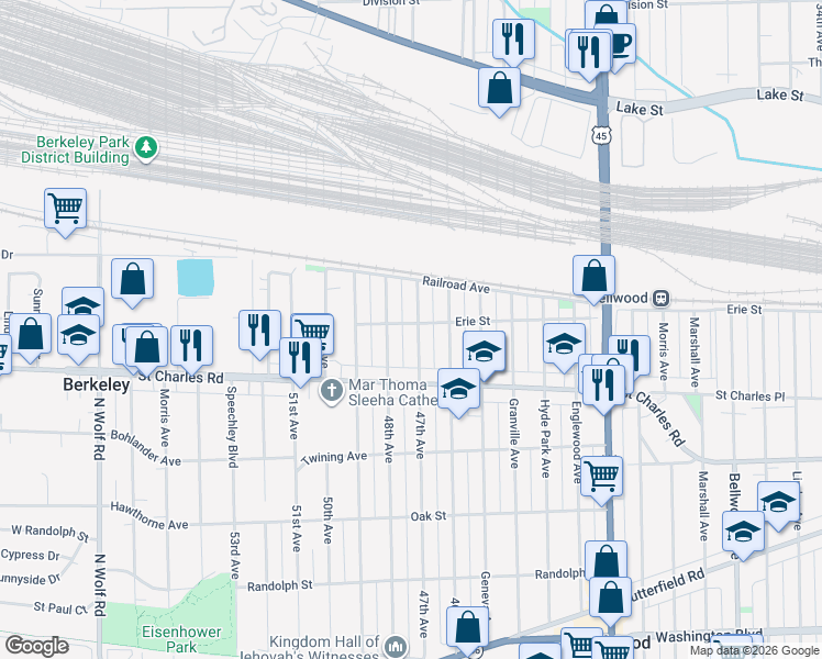 map of restaurants, bars, coffee shops, grocery stores, and more near 100 47th Avenue in Bellwood
