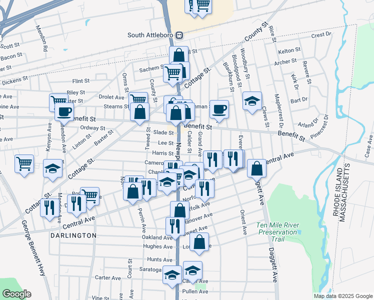 map of restaurants, bars, coffee shops, grocery stores, and more near 64 Calder Street in Pawtucket