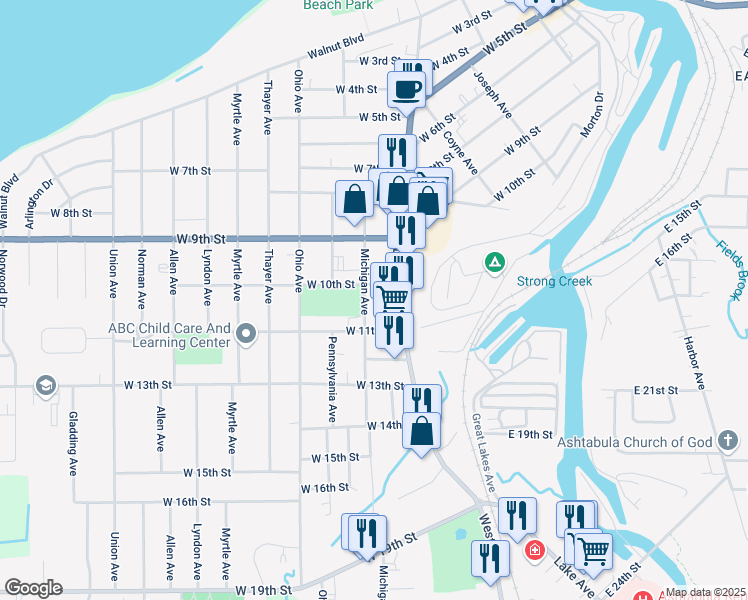 map of restaurants, bars, coffee shops, grocery stores, and more near 1020 Michigan Ave in Ashtabula