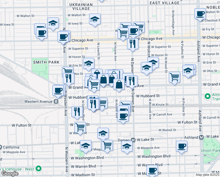 map of restaurants, bars, coffee shops, grocery stores, and more near 2145 West Grand Avenue in Chicago
