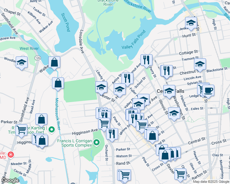 map of restaurants, bars, coffee shops, grocery stores, and more near 33 Liberty St in Central Falls