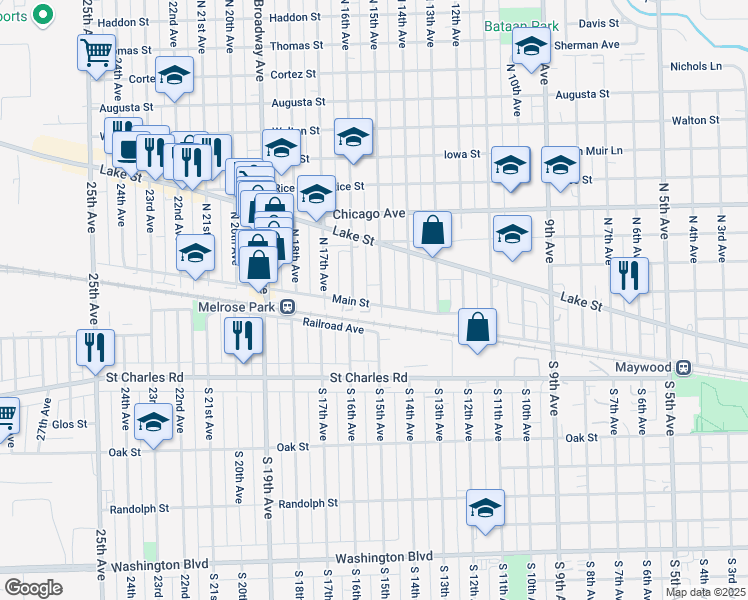 map of restaurants, bars, coffee shops, grocery stores, and more near 10 North 15th Avenue in Melrose Park