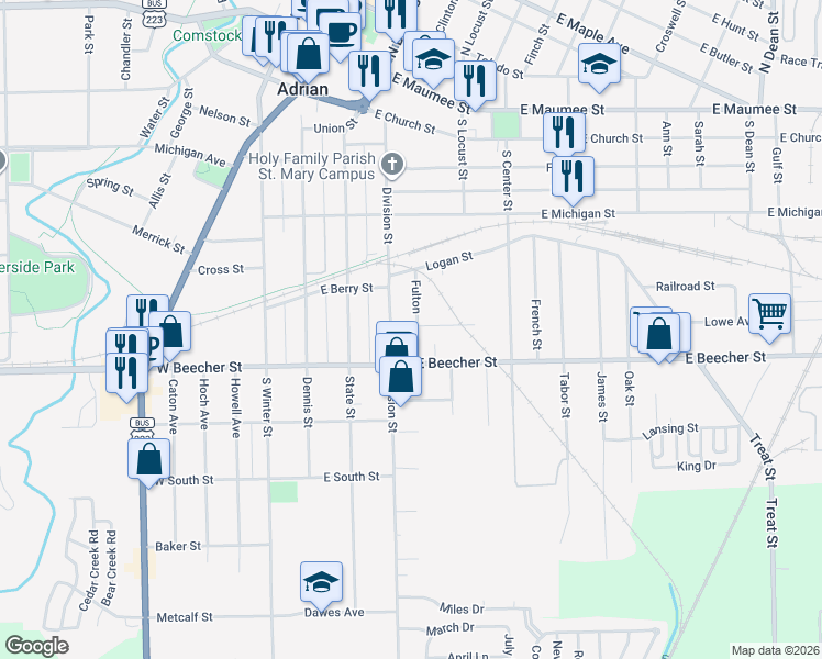 map of restaurants, bars, coffee shops, grocery stores, and more near 318 Lawrence Avenue in Adrian