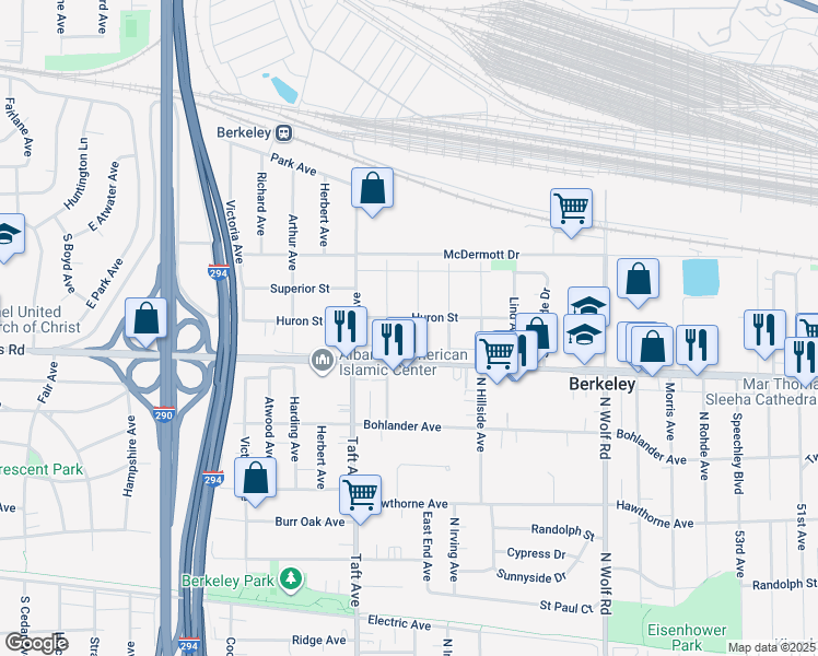 map of restaurants, bars, coffee shops, grocery stores, and more near 1305 Howard Avenue in Berkeley