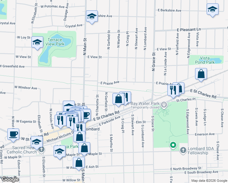 map of restaurants, bars, coffee shops, grocery stores, and more near 154 East Windsor Avenue in Lombard