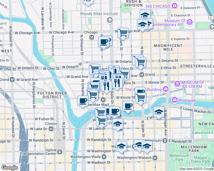 map of restaurants, bars, coffee shops, grocery stores, and more near 157 West Illinois Street in Chicago