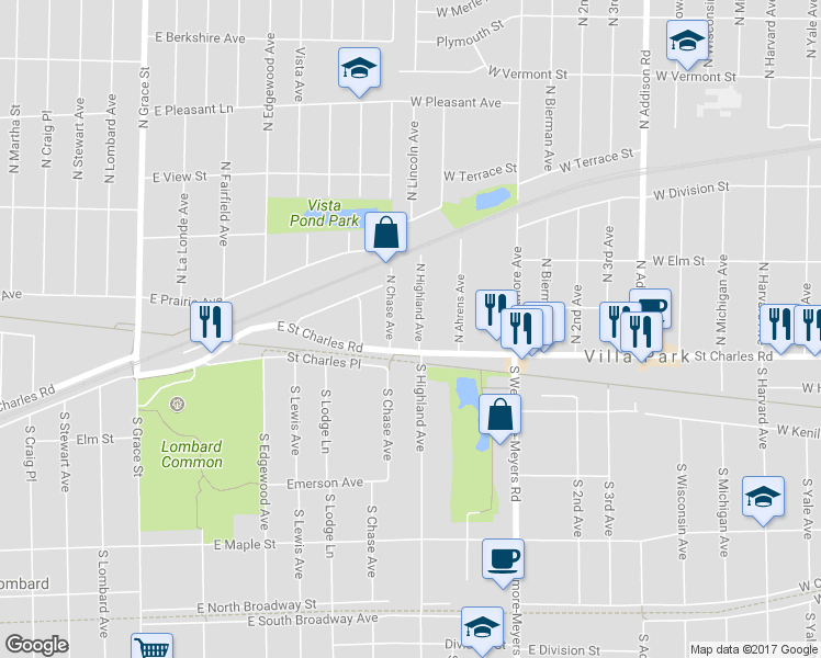 map of restaurants, bars, coffee shops, grocery stores, and more near 20 North Highland Avenue in Lombard
