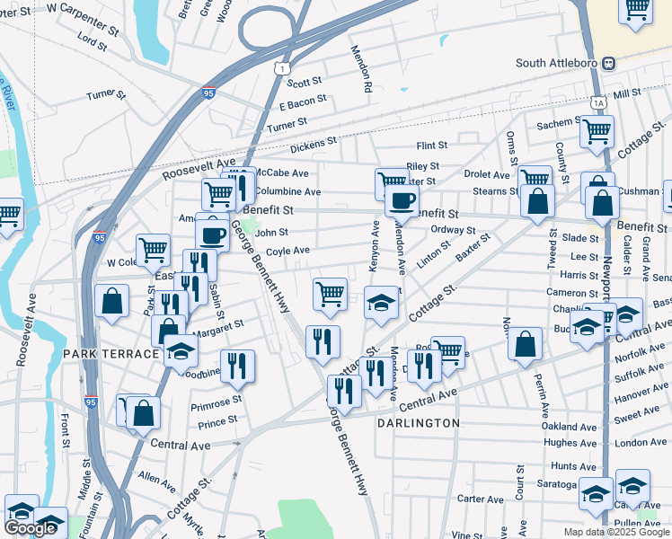 map of restaurants, bars, coffee shops, grocery stores, and more near 127 Webster Street in Pawtucket