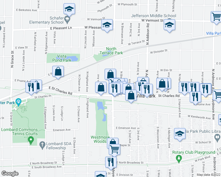 map of restaurants, bars, coffee shops, grocery stores, and more near 20 North Westmore Avenue in Lombard