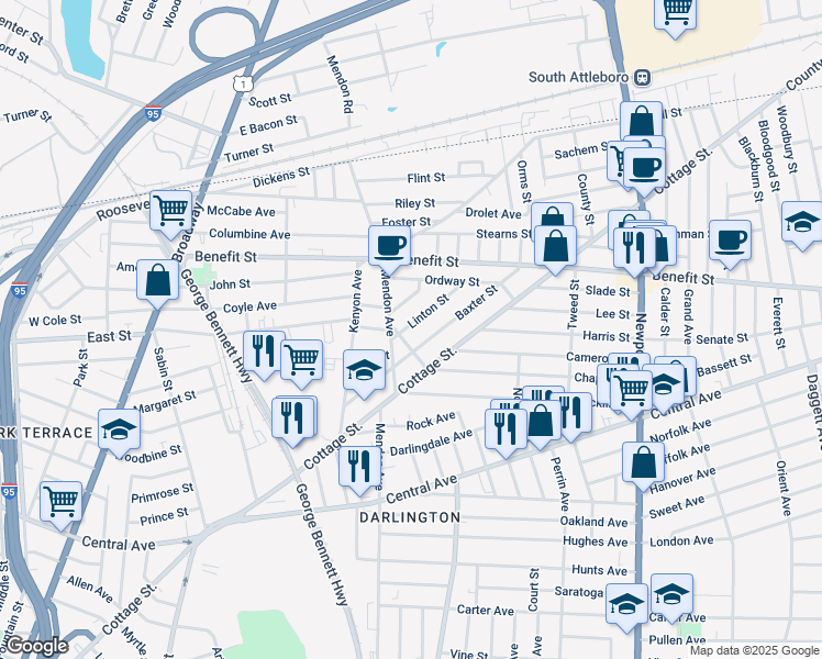 map of restaurants, bars, coffee shops, grocery stores, and more near 27 Linton Street in Pawtucket