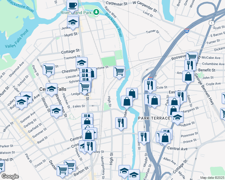 map of restaurants, bars, coffee shops, grocery stores, and more near 763 High Street in Central Falls