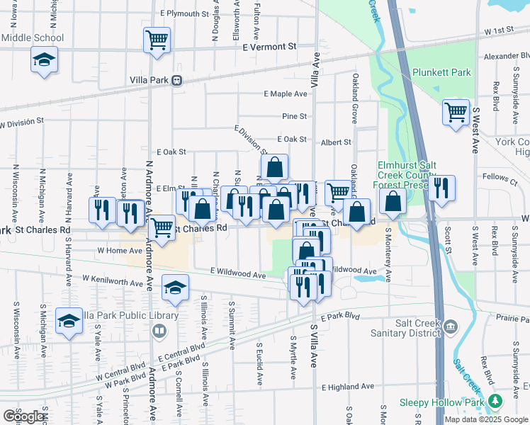 map of restaurants, bars, coffee shops, grocery stores, and more near 15 North Euclid Avenue in Villa Park