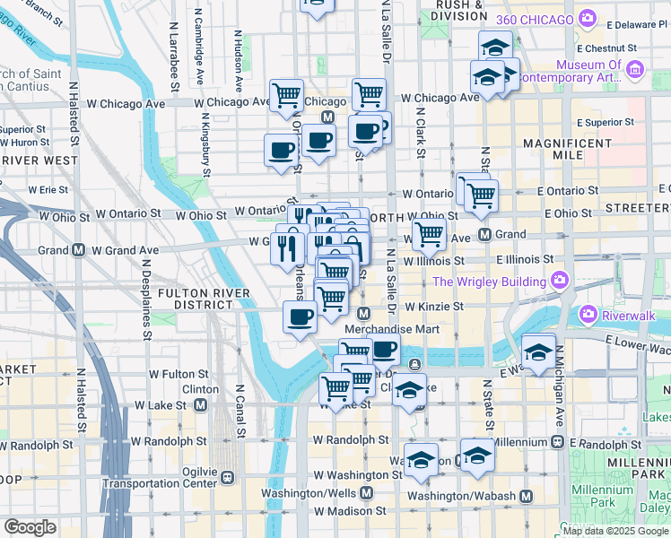 map of restaurants, bars, coffee shops, grocery stores, and more near 309 West Illinois Street in Chicago
