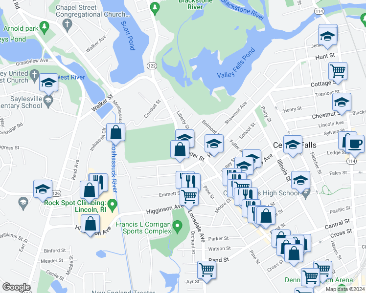 map of restaurants, bars, coffee shops, grocery stores, and more near 1703 Dexter Street in Central Falls