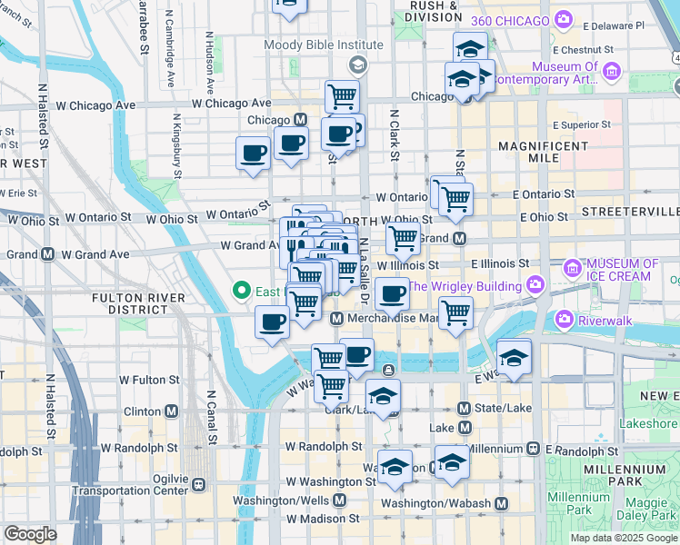 map of restaurants, bars, coffee shops, grocery stores, and more near 445 North Wells Street in Chicago