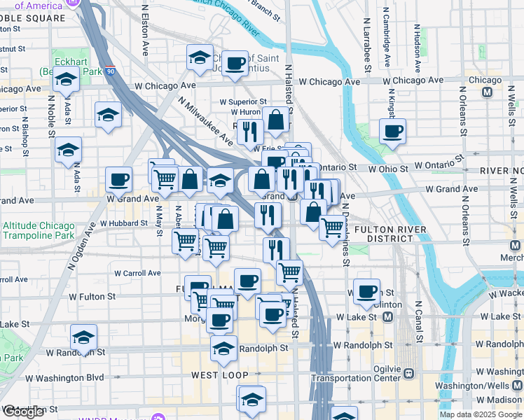 map of restaurants, bars, coffee shops, grocery stores, and more near 453 North Peoria Street in Chicago