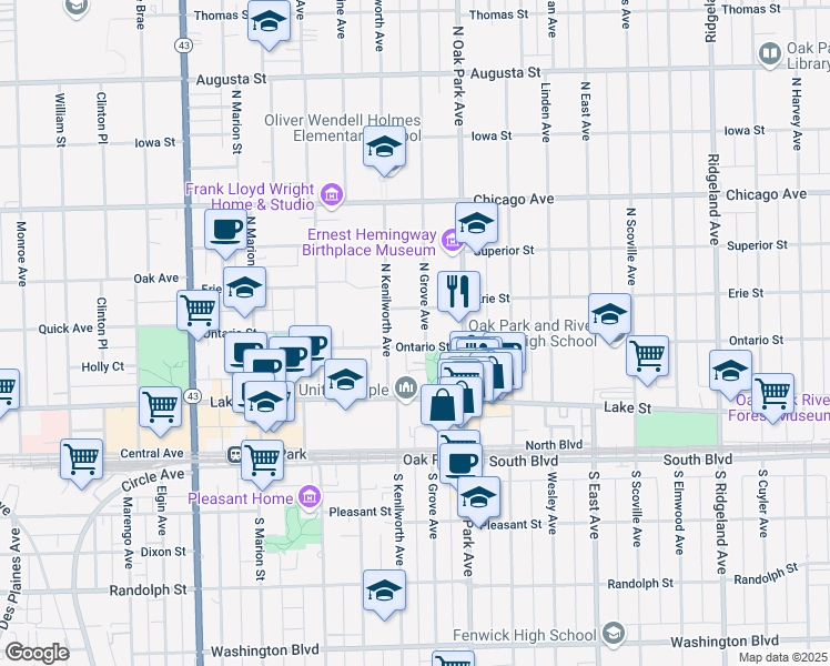 map of restaurants, bars, coffee shops, grocery stores, and more near 211 North Grove Avenue in Oak Park