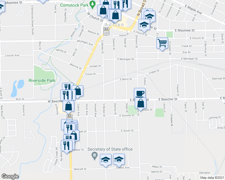 map of restaurants, bars, coffee shops, grocery stores, and more near 634 Dennis Street in Adrian