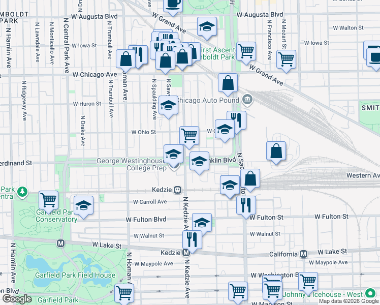 map of restaurants, bars, coffee shops, grocery stores, and more near 501 North Kedzie Avenue in Chicago