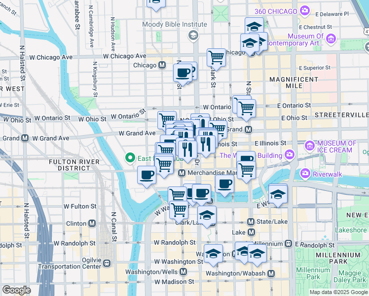 map of restaurants, bars, coffee shops, grocery stores, and more near 445 North Wells Street in Chicago
