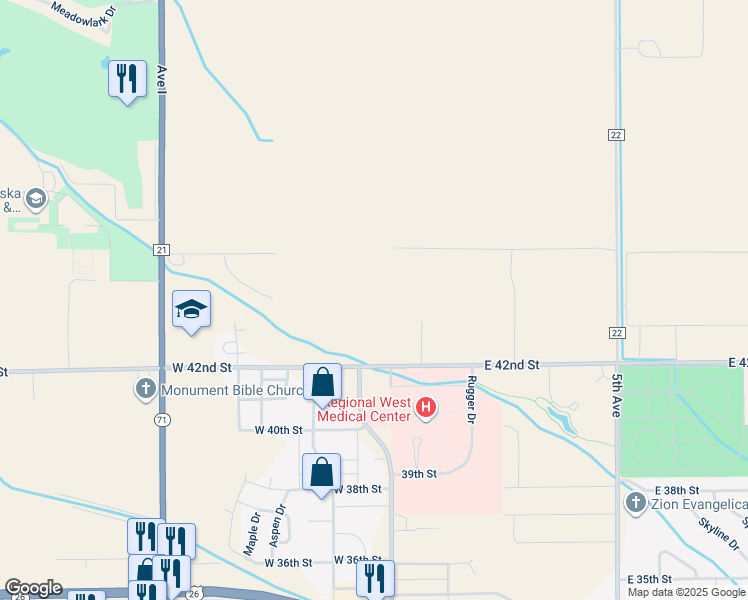 map of restaurants, bars, coffee shops, grocery stores, and more near 210488 West 42nd Street in Scottsbluff