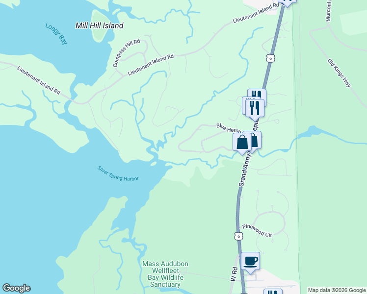 map of restaurants, bars, coffee shops, grocery stores, and more near 235 Blue Heron Road in Wellfleet