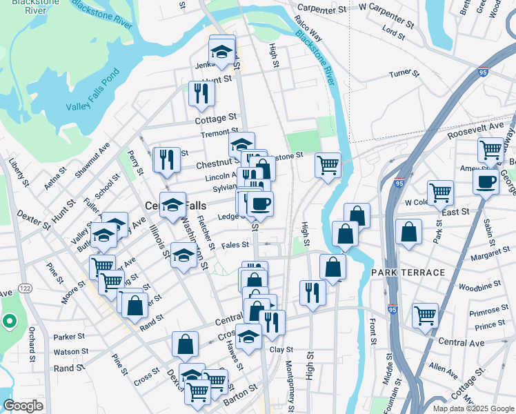 map of restaurants, bars, coffee shops, grocery stores, and more near 791 Broad Street in Central Falls