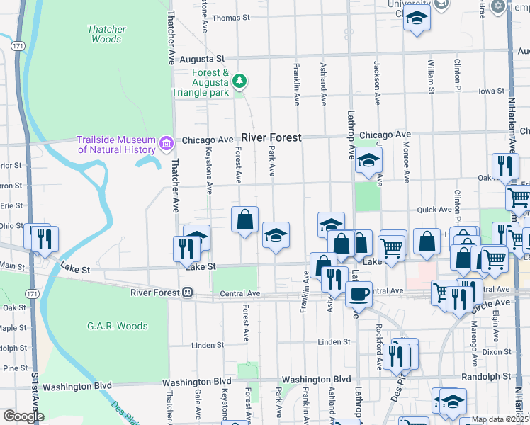 map of restaurants, bars, coffee shops, grocery stores, and more near 600 Park Avenue in River Forest