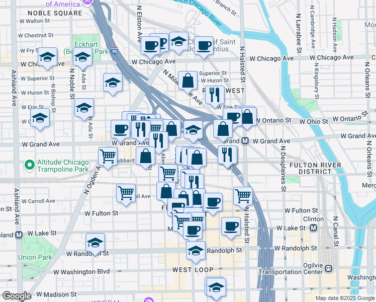 map of restaurants, bars, coffee shops, grocery stores, and more near 456 North Morgan Street in Chicago