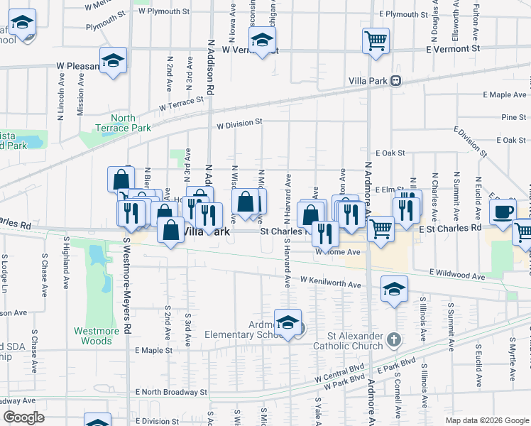 map of restaurants, bars, coffee shops, grocery stores, and more near 23 North Michigan Avenue in Villa Park