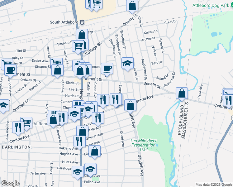 map of restaurants, bars, coffee shops, grocery stores, and more near 162 Senate Street in Pawtucket