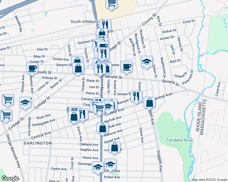 map of restaurants, bars, coffee shops, grocery stores, and more near 395 Grand Avenue in Pawtucket