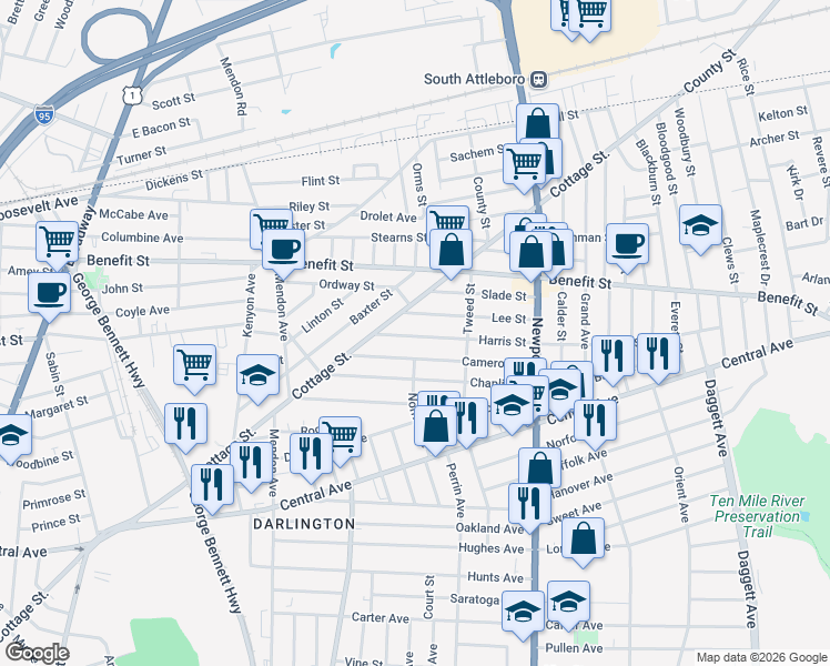 map of restaurants, bars, coffee shops, grocery stores, and more near 29 Harris Street in Pawtucket