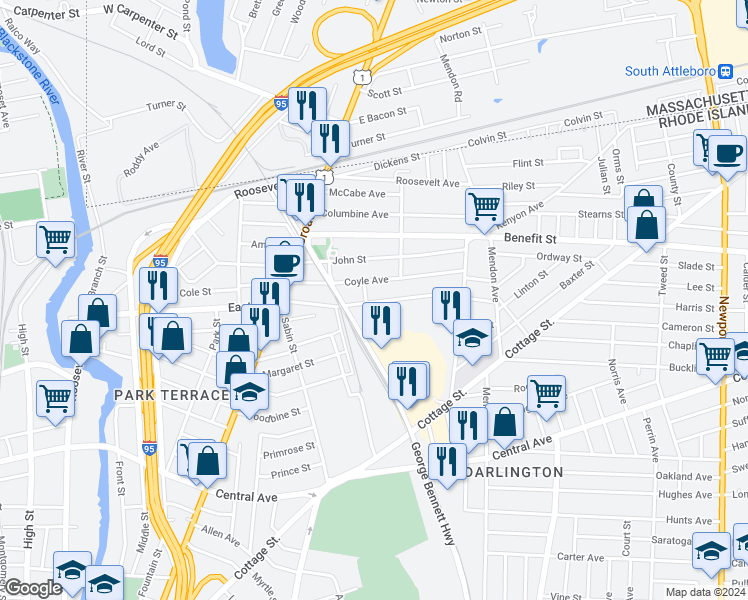 map of restaurants, bars, coffee shops, grocery stores, and more near 95 Webster Street in Pawtucket