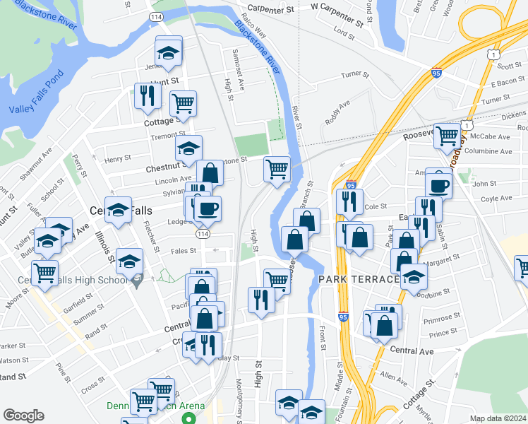 map of restaurants, bars, coffee shops, grocery stores, and more near 763 High Street in Central Falls