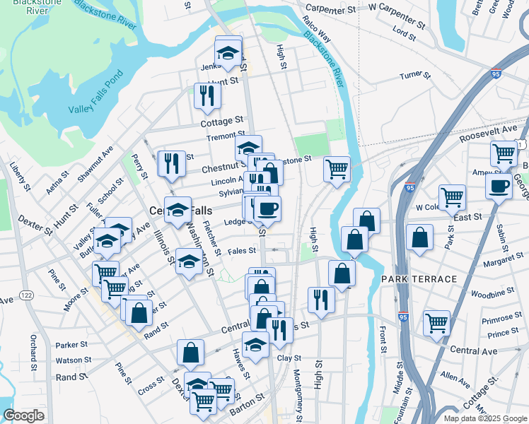 map of restaurants, bars, coffee shops, grocery stores, and more near 37 Sheridan Street in Central Falls
