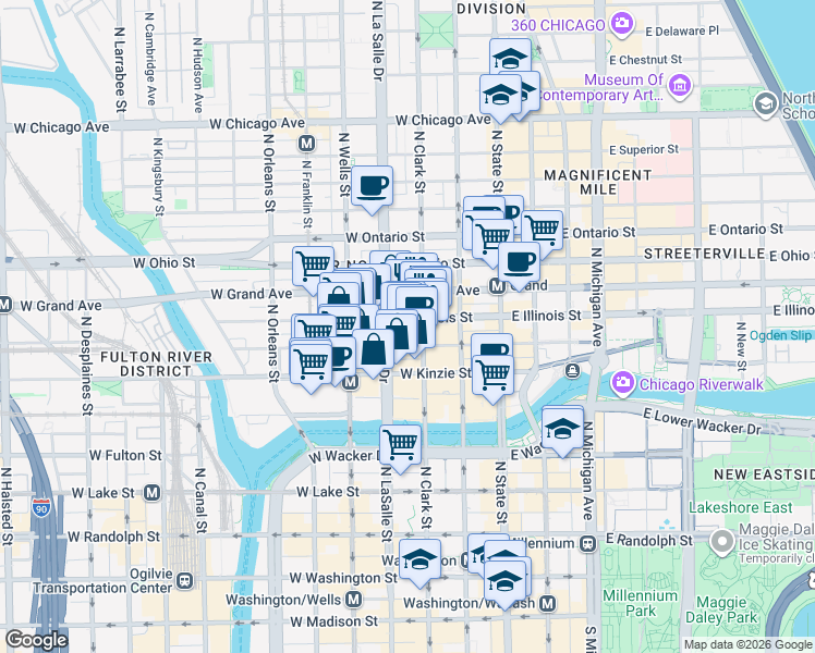 map of restaurants, bars, coffee shops, grocery stores, and more near 111 West Illinois Street in Chicago