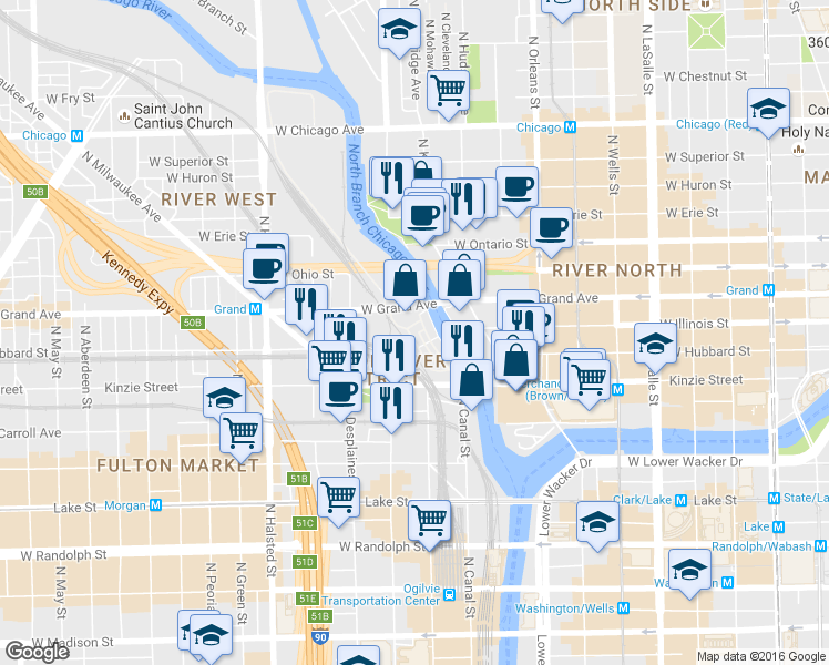 map of restaurants, bars, coffee shops, grocery stores, and more near 486 North Clinton Street in Chicago