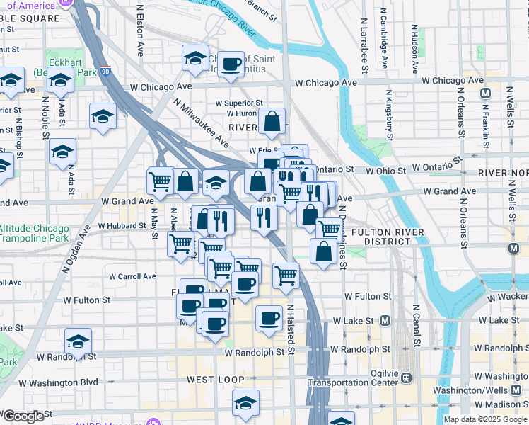 map of restaurants, bars, coffee shops, grocery stores, and more near in Chicago