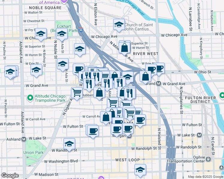 map of restaurants, bars, coffee shops, grocery stores, and more near 1046 West Hubbard Street in Chicago