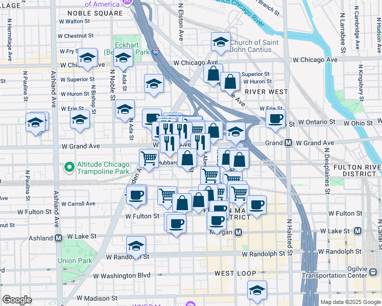 map of restaurants, bars, coffee shops, grocery stores, and more near in Chicago