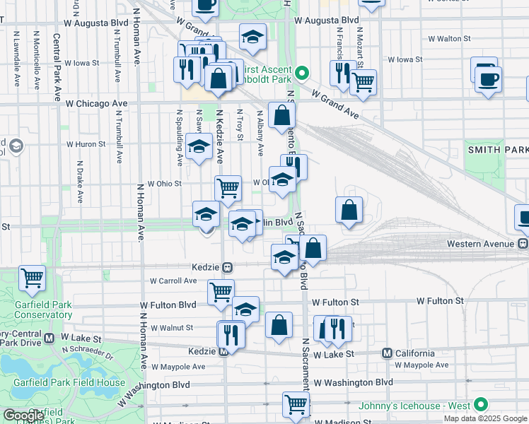 map of restaurants, bars, coffee shops, grocery stores, and more near 3050 West Franklin Boulevard in Chicago