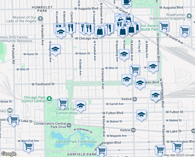 map of restaurants, bars, coffee shops, grocery stores, and more near 3424 West Franklin Boulevard in Chicago