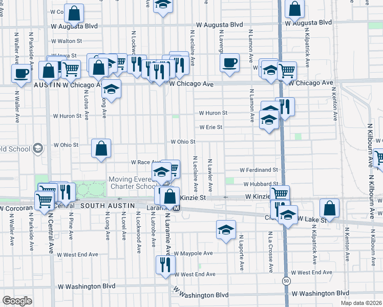 map of restaurants, bars, coffee shops, grocery stores, and more near 536 North Leclaire Avenue in Chicago